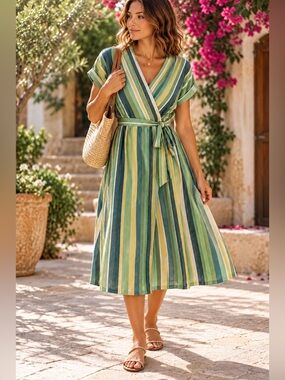 Liverpool Striped Green and Blue Wrap Midi Dress with Tie